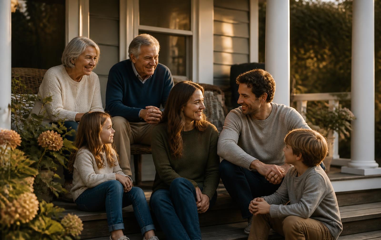 A multigenerational family together on the porch of their home